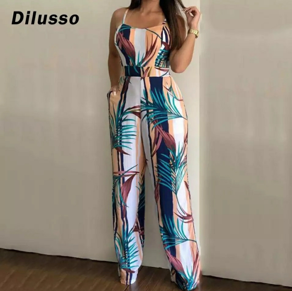 Women Sleeveless Leaf Print Jumpsuit Casual Clubwe